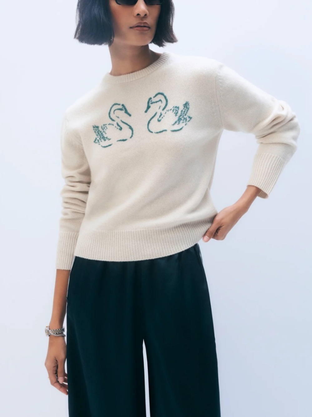 White +Warren Cashmere Blend Embroidered Swan Sweater